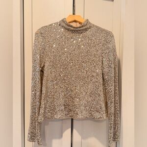 H & M Sequin Long Sleeve Mock Neck Top - Champagne XS